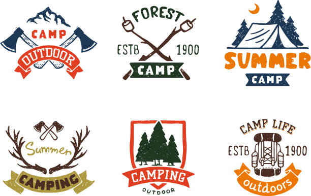 ilustrações de stock, clip art, desenhos animados e ícones de set of vintage woods camp badges and travel  hand drawn emblems nature mountain camp outdoor vector illustration - camping