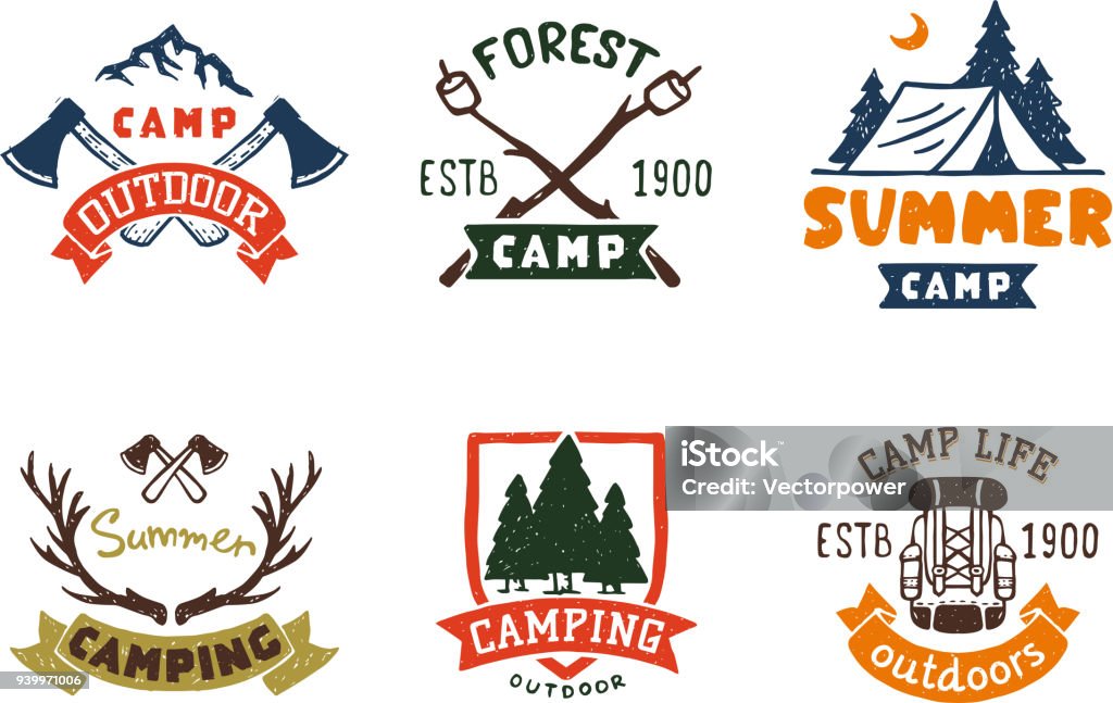 Set of vintage woods camp badges and travel  hand drawn emblems nature mountain camp outdoor vector illustration Set of vintage woods camp badges and travel  hand drawn emblems nature mountain camp outdoor vector illustration. Park recreation exploration graphic sticker. Camping stock vector