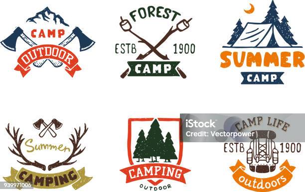 Set Of Vintage Woods Camp Badges And Travel Hand Drawn Emblems Nature Mountain Camp Outdoor Vector Illustration Stock Illustration - Download Image Now