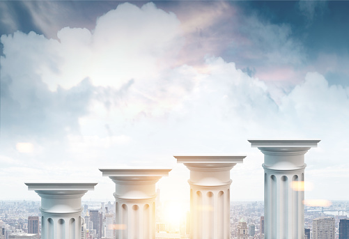 Greek columns of different heights standing against a cityscape background. Concept of financial growth. 3d rendering mock up