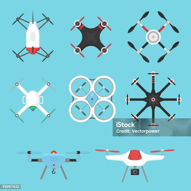 Vector Illustration Aerial Vehicle Drone Quadcopter Surveillance Air Hovering Wireless Tool Remote Control Fly Camera Stock Illustration - Download Image Now