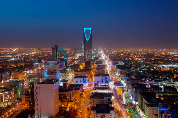 Riyadh skyline at night #2, Saudi Arabian Capital Modern City scape, Olaya Street Metro Construction stock photo