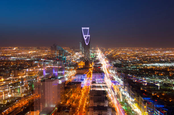 Riyadh skyline at night #3, Fast Transition 2030, zoom in effect stock photo