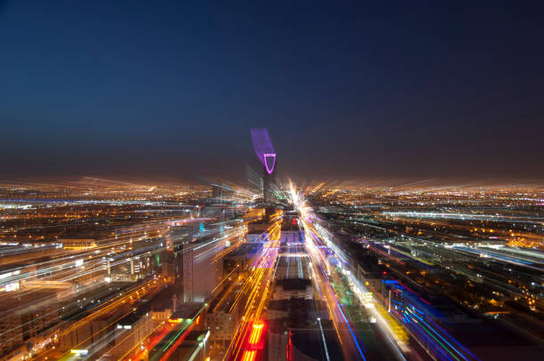 Riyadh skyline at night #6 showing Kingdom Tower, Fast Transition, Zoom In Effect stock photo