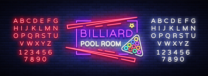 Billiard club neon sign. Billiard pool room Design template Bright neon emblem, logo for Billiard Club, Bar, Tournament. Light banner, night sign. Vector Illustrations. Editing text neon sign.