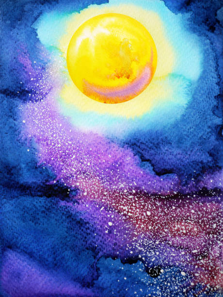 istock yellow big full moon on dark blue night sky watercolor painting illustration design hand drawn 939993406
