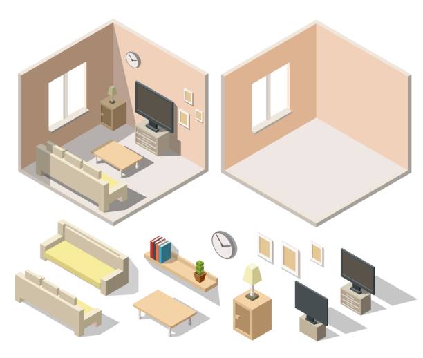 ilustrações de stock, clip art, desenhos animados e ícones de home cinema room low poly interior isometric set - 269