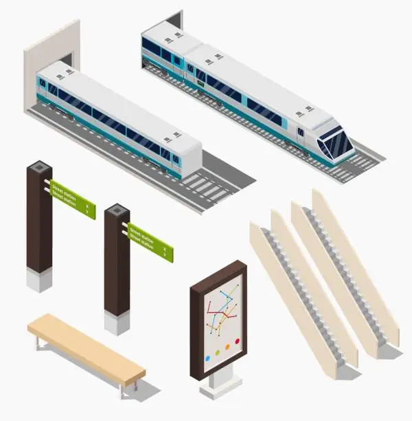 Vector illustration of Isometric Subway station low poly platform set with train, underground and inside the railway, metro wagon.