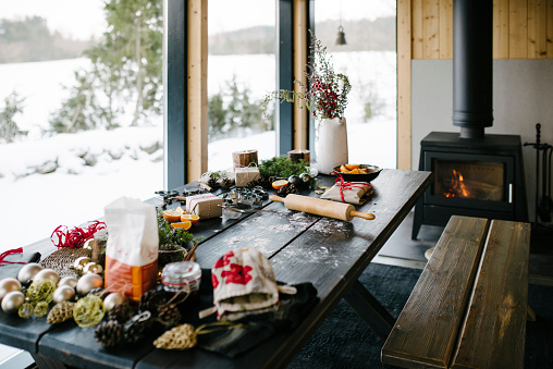 Authentic modern nordic Christmas series. Shot at Scandinavian log cabin during winter. Backgrounds and still life.