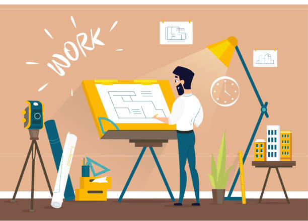 Man architect drawing house project floor plan at draftsman studio with drawing desk. Man architect drawing house project floor plan at draftsman studio with adjustable drawing board desk. Engineer office room workshop. Vector illustration of art idea. architect illustrations stock illustrations