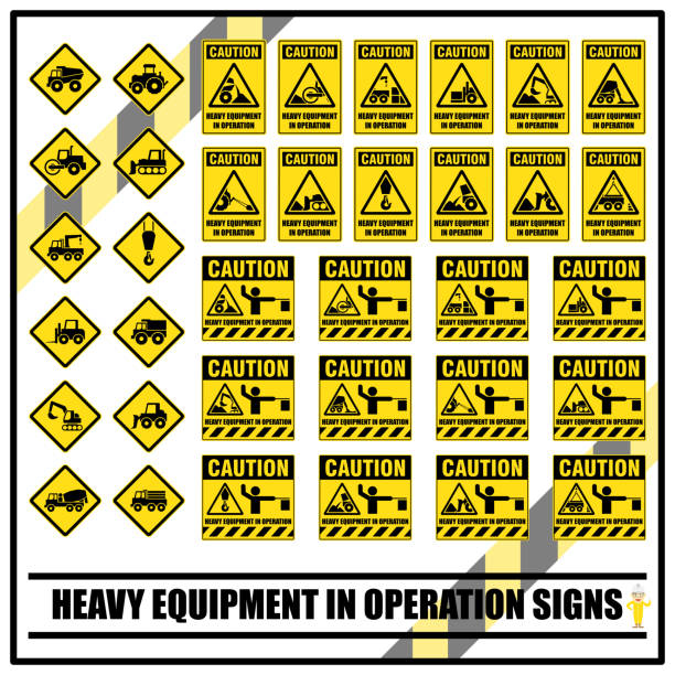 Set of safety caution signs and symbols of heavy equipment in operation for all construction site or heavy industrial services. Set of safety caution signs and symbols of heavy equipment in operation for all construction site or heavy industrial services. construction truck bulldozer wheel stock illustrations