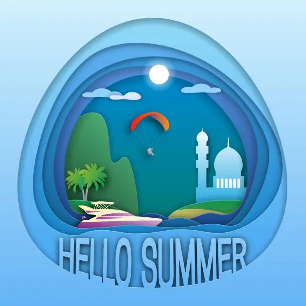 Vector illustration of Hello summer emblem template. Yacht at sea, palm trees, mountain, mosque, paraglider in the sky. Tourist label illustration in paper cut style.