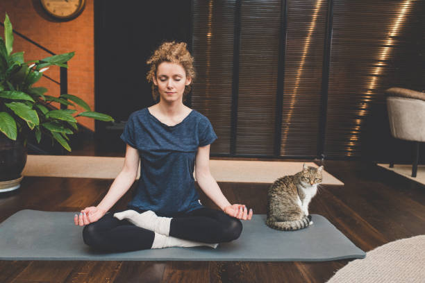 practicar yoga en su hogar - actividades y técnicas de relajación fotos fotografías e imágenes de stock