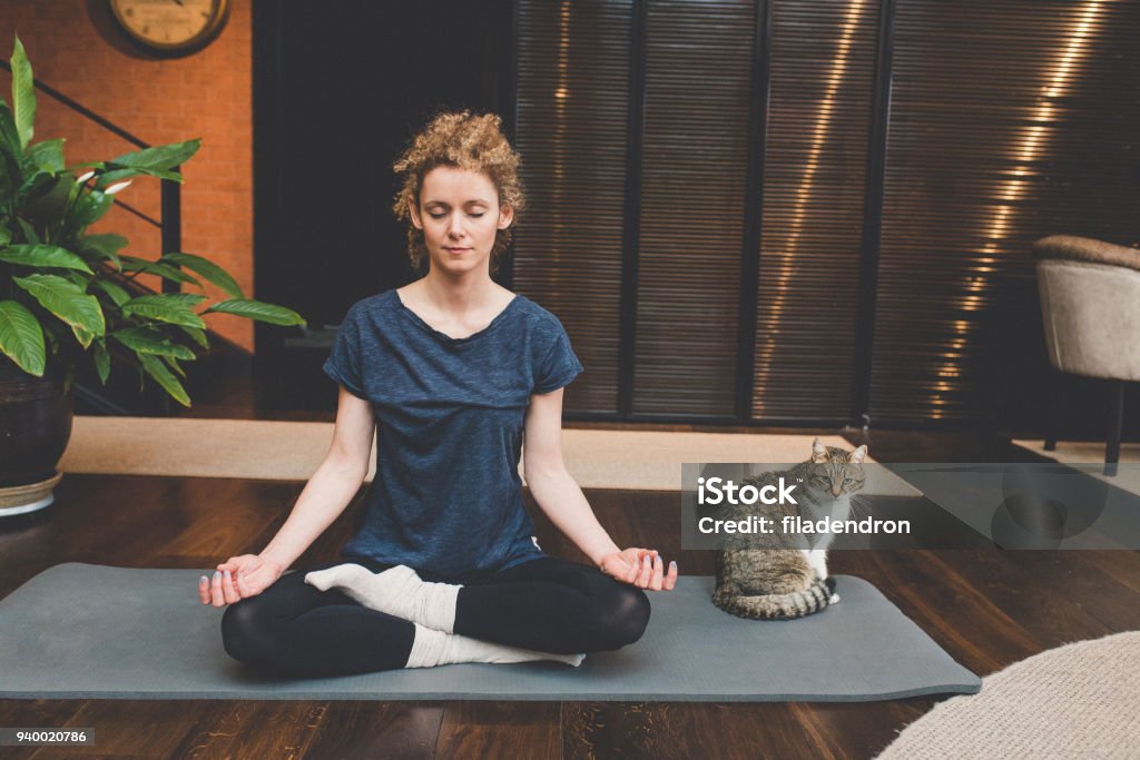 Het beoefenen van yoga thuis - Royalty-free Yoga Stockfoto