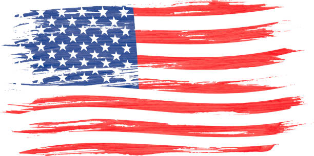아트 브러쉬 흰색 배경에 고립 된 바람에 날 려 하는 미국 국기의 수채화 그림. - flag symbol painted image grunge stock illustrations