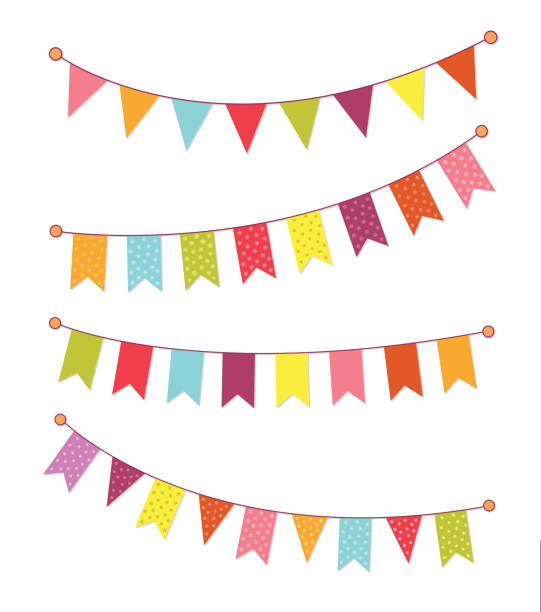 ilustrações de stock, clip art, desenhos animados e ícones de vector set of decorative party pennants with different sizes and lengths. celebrate flags. rainbow garland. birthday decoration. hanging colored flags. vector graphic illustration, eps10. - pennant flag party old fashioned