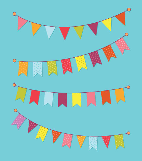 ilustrações de stock, clip art, desenhos animados e ícones de vector set of decorative party pennants with different sizes and lengths. celebrate flags. rainbow garland. birthday decoration. hanging colored flags. vector graphic illustration, eps10. - pennant flag party old fashioned
