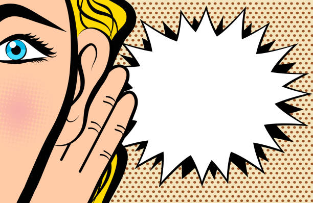 Woman holds her hand near ear and listening in pop art comic style on dot background, stock vector illustration Woman holds her hand near ear and listening in pop art comic style on dot background, stock vector illustration funny ear stock illustrations