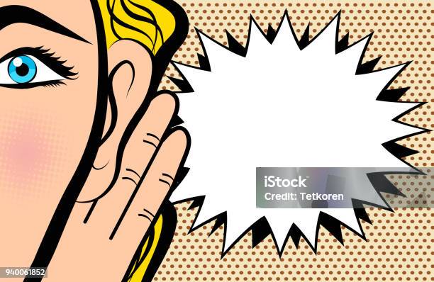 Woman Holds Her Hand Near Ear And Listening In Pop Art Comic Style On Dot Background Stock Vector Illustration Stock Illustration - Download Image Now
