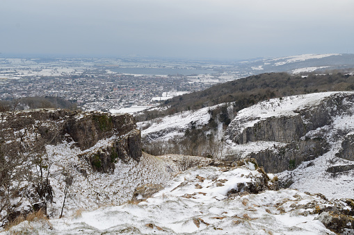 Scenic view of Cheddar Gorge in Somerset on a snowy day