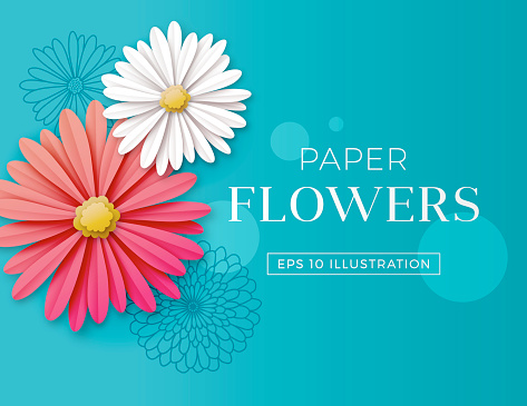 Illustration of paper flowers, daisies on blue, turquoise background.