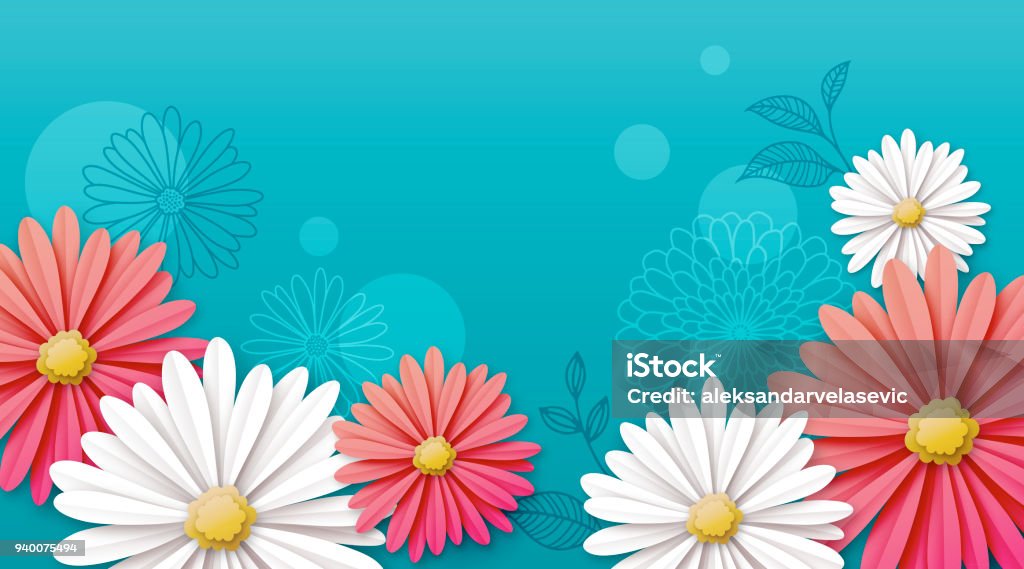 Daisy Flower Background Illustration of paper flowers, daisies on blue, turquoise background. Springtime stock vector