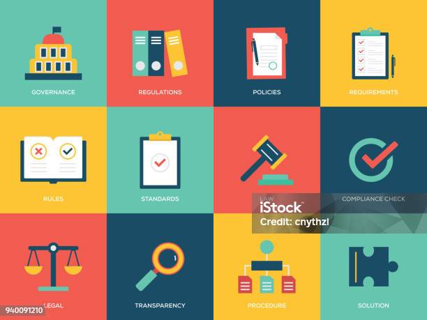 Compliance Flat Icons Set Stock Illustration - Download Image Now - Icon Symbol, Law, Obedience