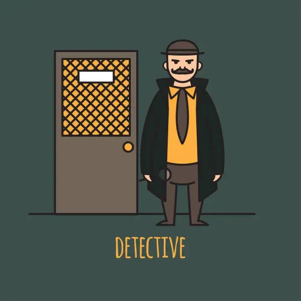Vector illustration of Detective occupation character design, cartoon line style. Design elements and icons. Man character.
