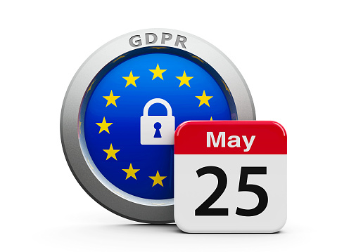 Emblem of European Union with calendar button - The Twenty Fifth of May - represents the Implementation date 2018 of GDPR - General Data Protection Regulation, three-dimensional rendering, 3D illustration