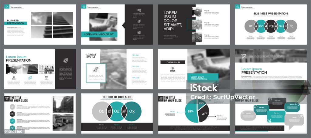 Twelve Workflow Slide Templates Set Blue, white and grey infographic elements for presentation slide templates. Business and workflow concept can be used for financial report, advertising, flyer layout and leaflet. Electrical Outlet stock vector