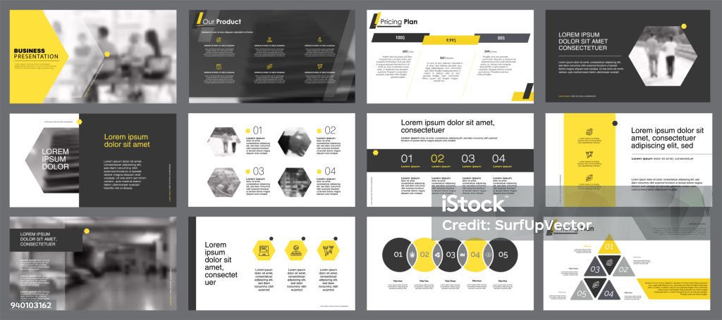 Twelve Business Slide Templates Set Yellow, white and black infographic elements for presentation slide templates. Business and concept can be used for annual report, advertising, flyer layout and banner. Electrical Outlet stock vector