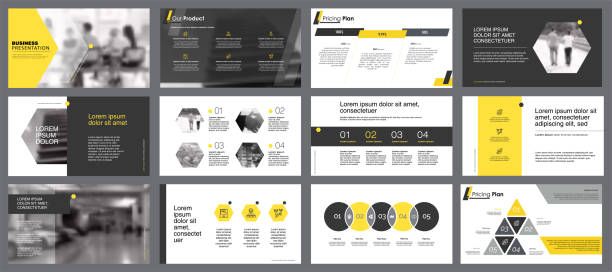 Twelve Business Slide Templates Set Yellow, white and black infographic elements for presentation slide templates. Business and concept can be used for annual report, advertising, flyer layout and banner. powerpoint template stock illustrations