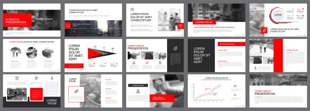 Fifteen Corporate Slide Templates Set Red, white and black infographic elements for presentation slide templates. Business and startup concept can be used for corporate report, advertising, leaflet layout and poster. powerpoint template stock illustrations