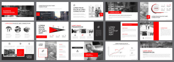 Fifteen Corporate Slide Templates Set Red, white and black infographic elements for presentation slide templates. Business and startup concept can be used for corporate report, advertising, leaflet layout and poster. colorful page borders stock illustrations