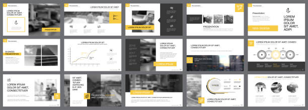 Fifteen Logistics Slide Templates Set Yellow, white and black infographic elements for presentation slide templates. Business and logistics concept can be used for corporate report, advertising, leaflet layout and poster. page number design stock illustrations