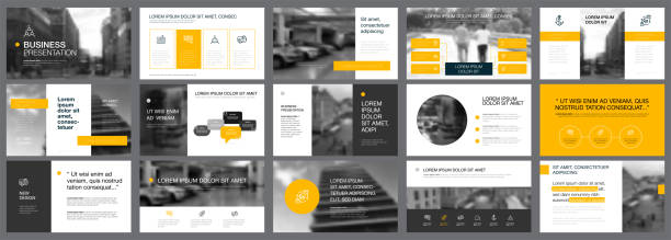 Fifteen Strategy Slide Templates Set Yellow, white and black infographic elements for presentation slide templates. Business and strategy concept can be used for corporate report, advertising, leaflet layout and poster. powerpoint template stock illustrations
