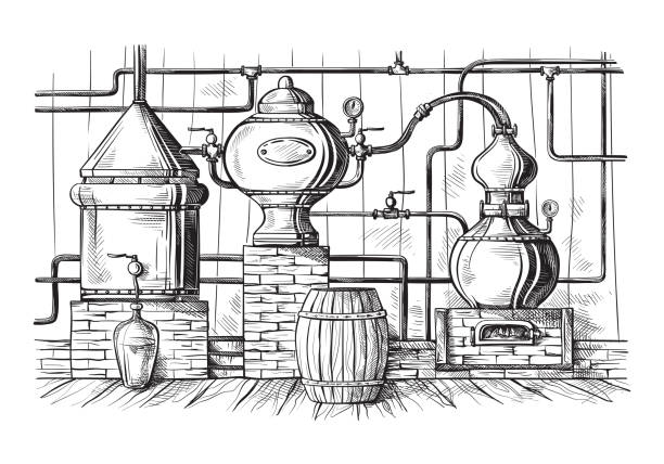 ilustraciones, imágenes clip art, dibujos animados e iconos de stock de alambique todavía para la fabricación de alcohol en destilería sketch - alambique