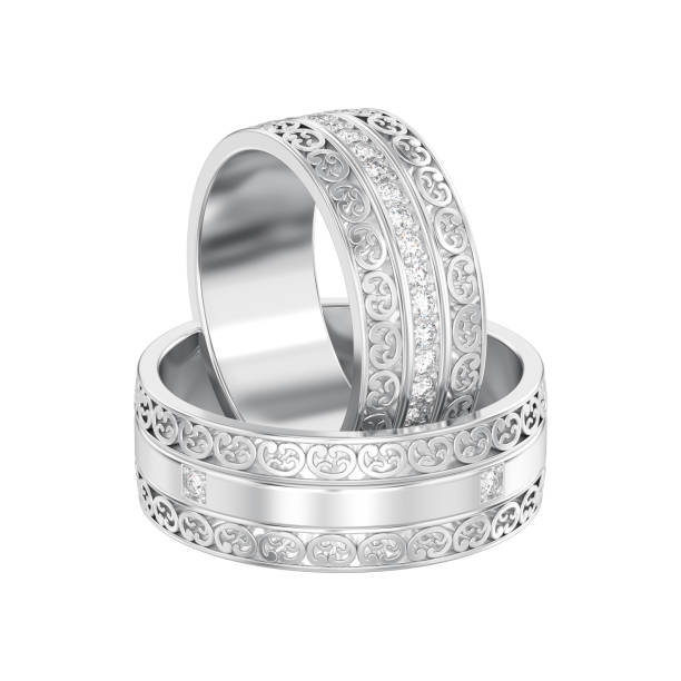 istock 3D illustration isolated two white gold or silver decorative wedding bands carved out rings with ornament 940104408