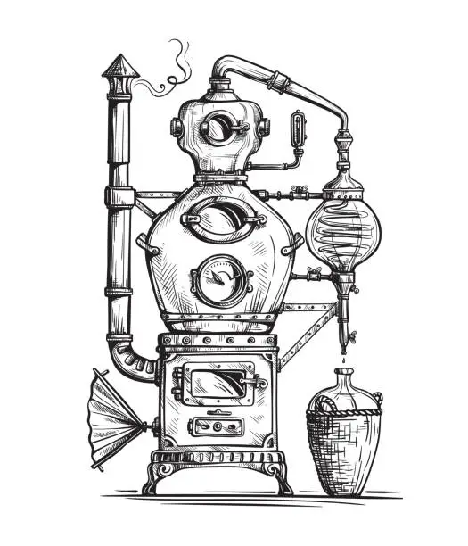 Vector illustration of alembic still for making alcohol inside distillery sketch