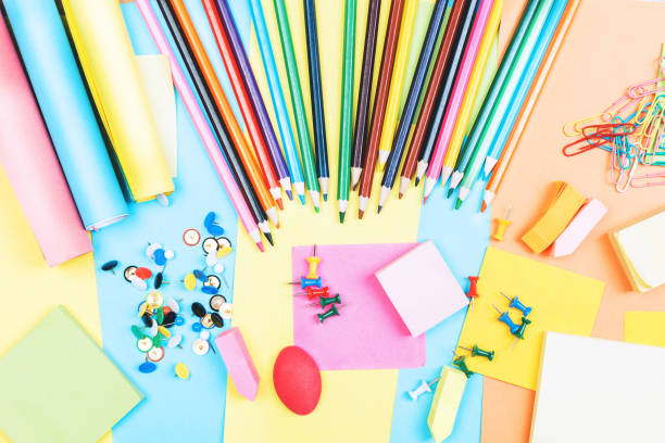 istock Wooden office workspace with colorful supplies 940104956