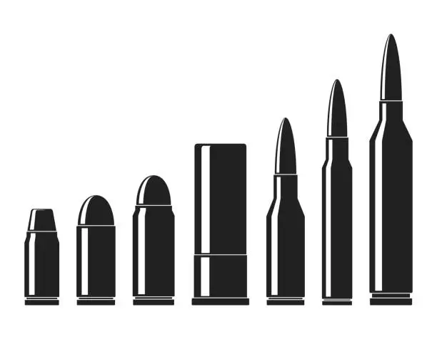 Vector illustration of Cartridges icons vector set. A collection of bullets icons isolated on white background. Weapon ammo types and size in flat style. Vector illustration