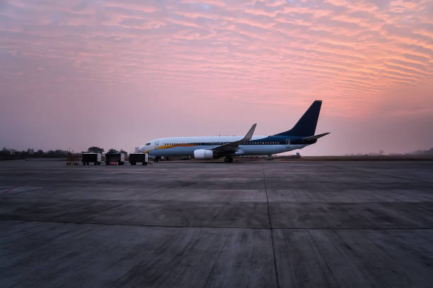 The plane stands with the tunnel at the airport The plane stands with the tunnel at the airport . Aircraft is prepared for departure from airdrome. Luggage carts on the runway of the airport. india airport stock pictures, royalty-free photos & images