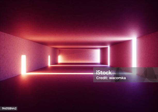3d Render Of Wide Abstract Illuminated Empty Corridor Interior Made Of Gray Concrete Glowing Red Lines With Shadow Daylight Tunnel With No Exit Violet Light Rays Minimalistic Space Stock Photo - Download Image Now