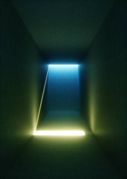 istock 3d render, abstract tunnel, illuminated empty corridor interior, concrete walls, yellow glow, shining neon light, no exit, minimalistic space 940108530
