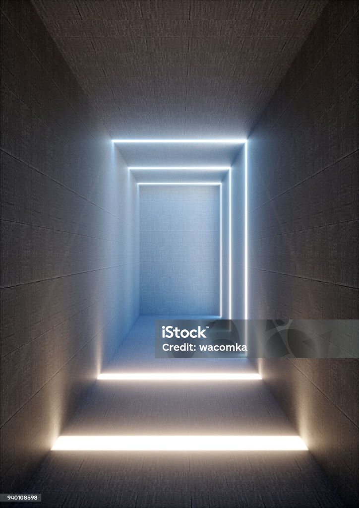 3D Render abstrakte beleuchtete leeren Flur innere grauen Beton, leuchtende blaue Linien, leuchtenden Tunnel ohne Ausgang, minimalistischen Raum Tageslicht gemacht - Lizenzfrei Dunkel Stock-Foto