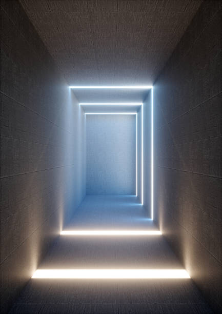 istock 3d render of abstract illuminated empty corridor interior made of gray concrete, glowing blue lines, daylight shining tunnel with no exit, minimalistic space 940108598