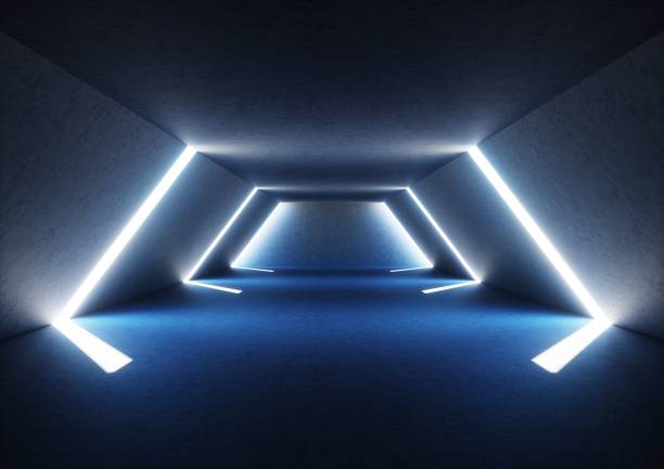 3d render of wide abstract illuminated empty corridor interior made of gray concrete, glowing blue lines with shadow, daylight tunnel with no exit, white light rays, minimalistic space
