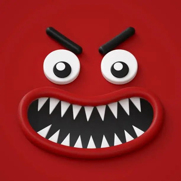 Photo of 3d render, abstract red emotional face icon, angry character going mad illustration, cute cartoon monster, emoji, emoticon, toy, wild anger