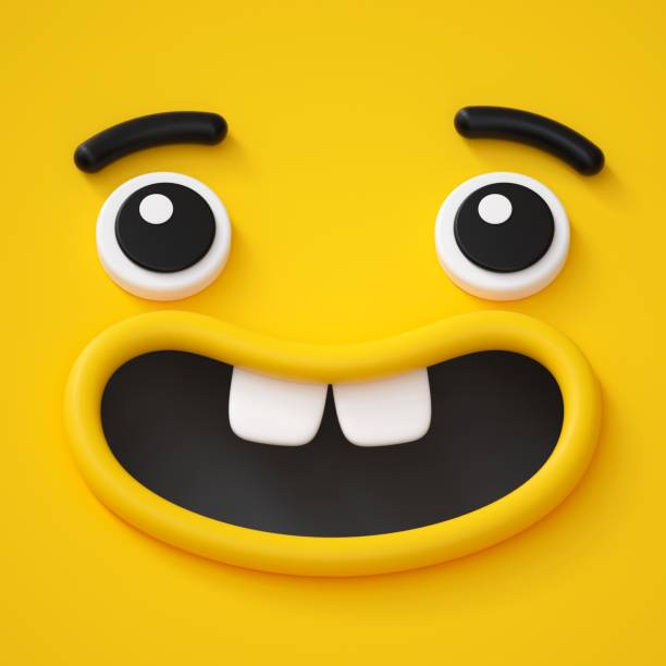 rendering 3d, viso infantile carino, sorriso sdentato, emozione stupita, emoji, emoticon, mostro divertente - toothless smile foto e immagini stock