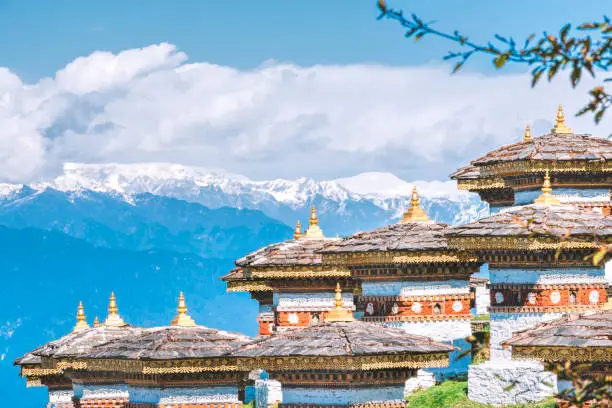 bhutan buildings with himalaya snow mountain as background
